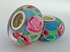 European Style Bead-Light Blue with Pink Flowers